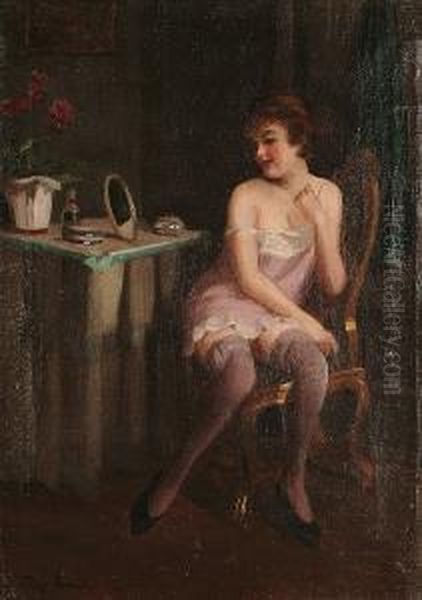 A Scantily Clad Lady At Her Dressing Table Oil Painting by Emil Pap