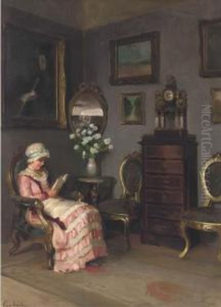 A Lady Reading In An Interior Oil Painting by Emil Pap