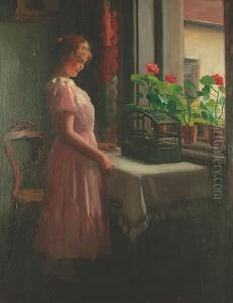 A Young Girl By A Window With A Canary Oil Painting by Emil Pap