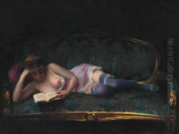 A Reclining Female Nude Oil Painting by Emil Pap