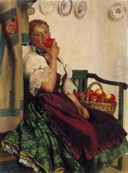 Girl Eating Apple Oil Painting by Emil Pap