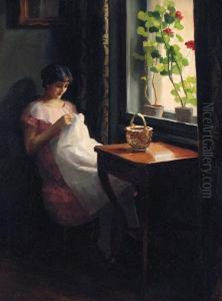 A Girl Sewing By A Sunlit Window Oil Painting by Emil Pap