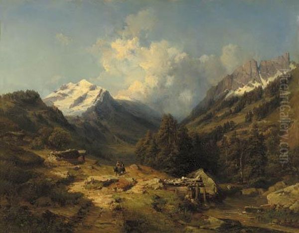 Travellers In A Mountainious Landscape Oil Painting by Eduard Friedrich Pape