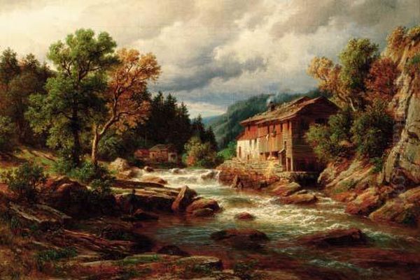 A Fisherman By A River In The South Tirol, Austria Oil Painting by Eduard Friedrich Pape