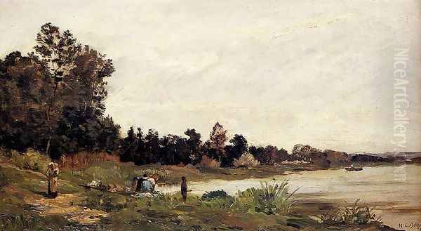 Washerwomen In A River Landscape Oil Painting by Hippolyte Camille Delpy