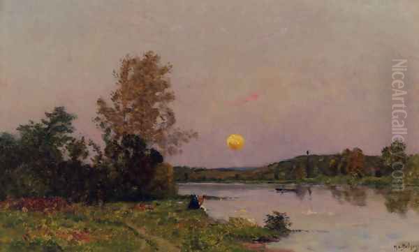 Lavandiere Et Barques, Soleil Couchant Oil Painting by Hippolyte Camille Delpy