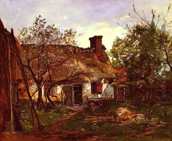 La Chaumiere A Berneval (Thatched Cottage in Berneval) Oil Painting by Hippolyte Camille Delpy