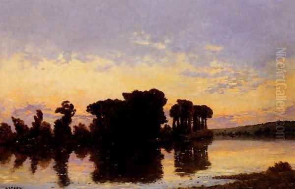 Soleil Couchant Sur La Seine Pres Nantes Oil Painting by Hippolyte Camille Delpy