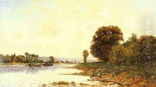 Washerwomen in a River Lanscape with Steamboats beyond Oil Painting by Hippolyte Camille Delpy