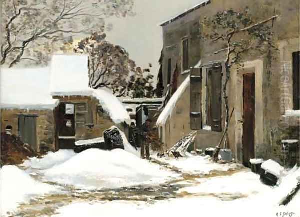 Maisons enneigees Oil Painting by Hippolyte Camille Delpy