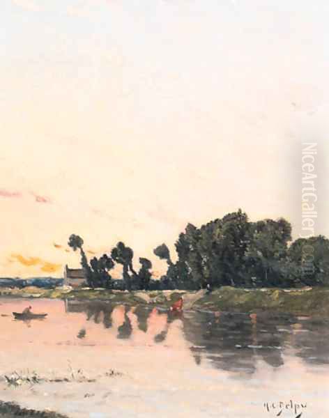 A lake landscape at sunset Oil Painting by Hippolyte Camille Delpy