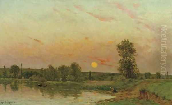 Fisherman on a River Bank Oil Painting by Hippolyte Camille Delpy