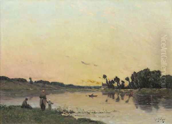 On the Riverbank at Sunset Oil Painting by Hippolyte Camille Delpy