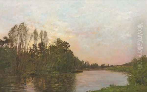 Soleil couchant pres Mantes along a river at dusk Oil Painting by Hippolyte Camille Delpy