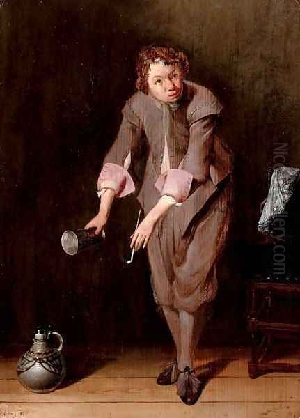 A youth holding a silver cup and a pipe Oil Painting by Willem Cornelisz. Duyster