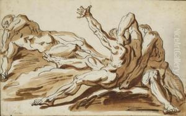 Etude De Trois Hommes Nus A 
Demi-allonges (recto); Un Homme Barbu Assis Et Une Etude De Visage De 
Profil (verso) Oil Painting by Philippe-Louis Parizeau