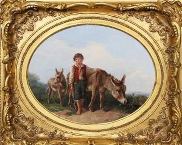 Boy With Two Donkeys 'h. Park 1855' Oil Painting by Henry Hillier Parker