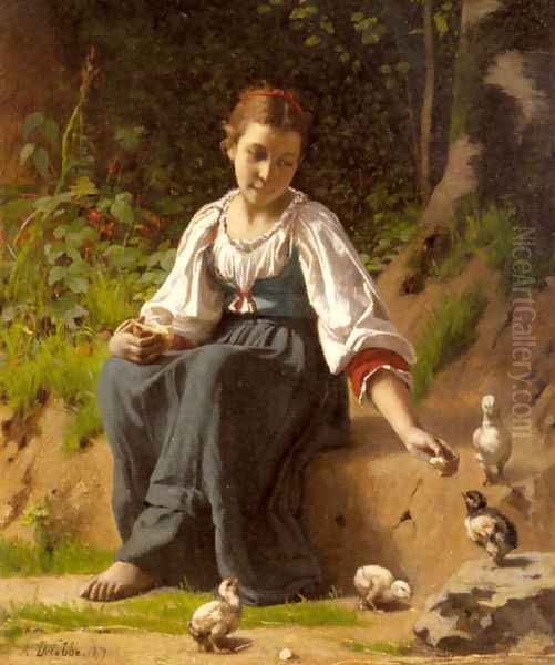 A Young Girl feeding Baby Chicks Oil Painting by Francois Alfred Delobbe