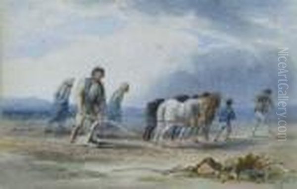 A Ploughman And His Family Working With A Team Of Horses Oil Painting by Henry Perlee Parker