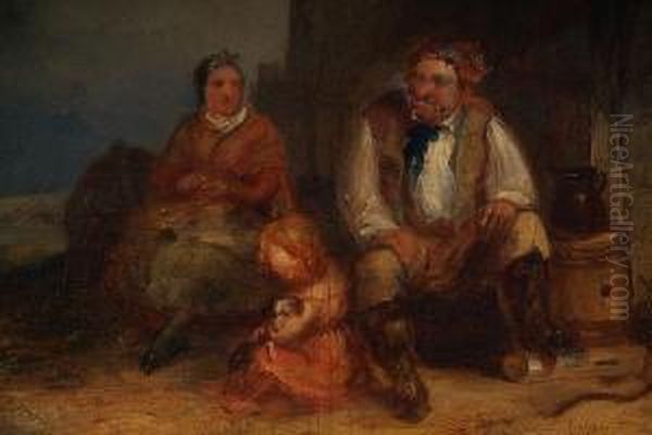 Fisherman Seated On The Shore With His Wifeand Daughter Oil Painting by Henry Perlee Parker