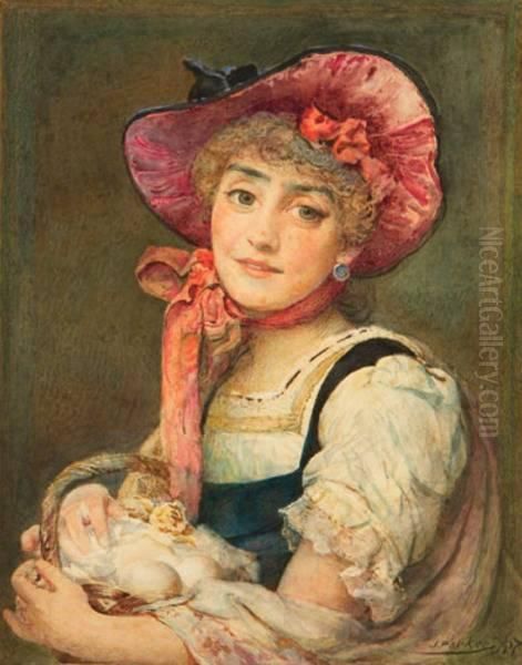 A Pretty Maid Holding A Basket Of Eggs Oil Painting by John Parker