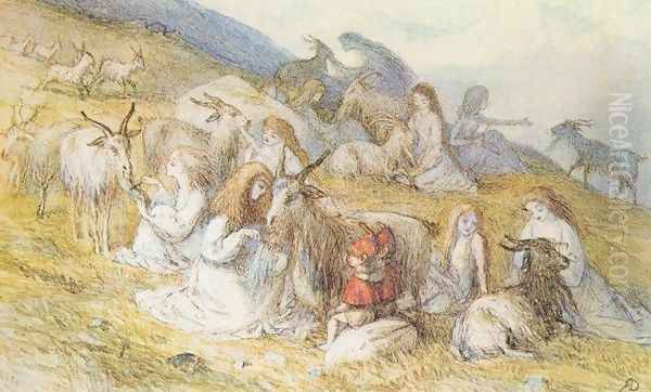 Girls combing beards of goats Oil Painting by Richard Doyle