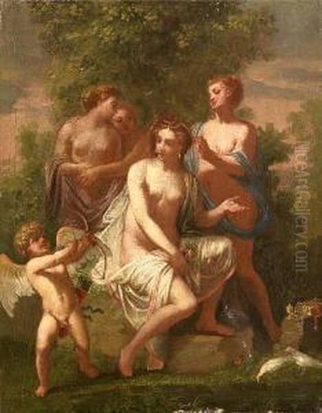 Venus And Cupid With The Three Graces Oil Painting by Michele Da Parma (see Rocca)