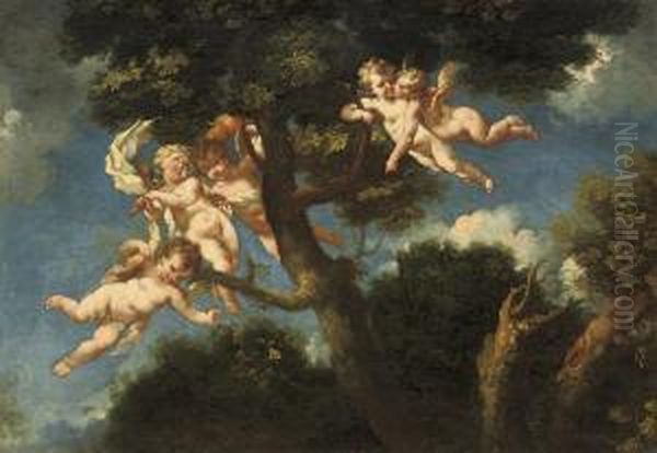 Putti Disporting In A Landscape Oil Painting by Michele Da Parma (see Rocca)