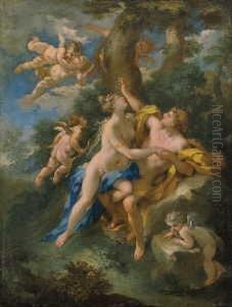 Angelica Und Medoro, Der Den 
Namen Seiner Geliebten In Die Rinde Eines Baumes Schneidet (nach 
Ariost). Oil Painting by Michele Da Parma (see Rocca)