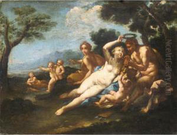 A Satyr Crowned By A Nymph With Putti Playing Beyond Oil Painting by Michele Da Parma (see Rocca)