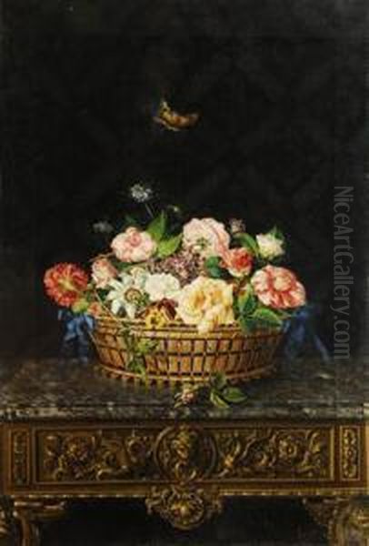 Cesta De Flores Sobre Una Consola Oil Painting by Jose Felipe Parra Piquer