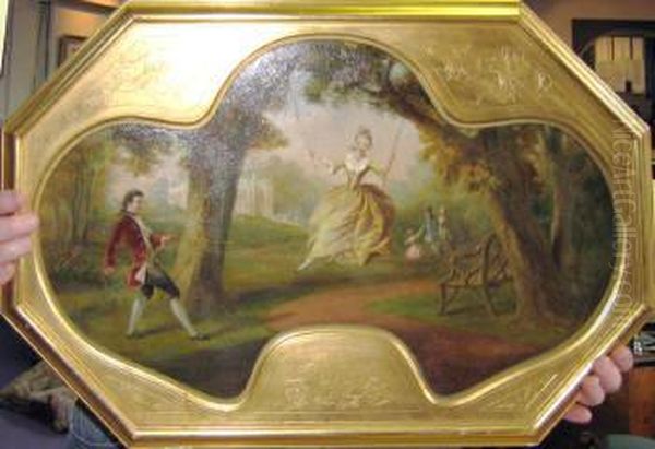 'a Suite On Four Panels, 
Including A Girl On Swing With Otherfigures In The Grounds Of A Fine 
Villa', Oil On Panels, Signed Anddated, 32cm X 63cm , Framed Oil Painting by Edmund Thomas Parris