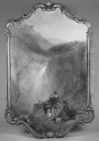 Highland Stag Hunting Scene Near A Waterfall In A Mountainous Landscape Oil Painting by Edmund Thomas Parris