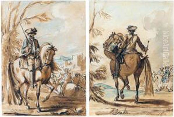 A Pair Of Studies: A Soldier On Horseback, A Drummer On Horseback Oil Painting by Charles Parrocel