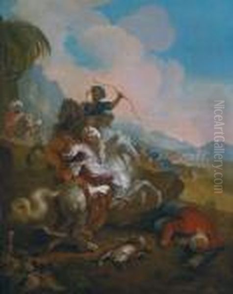 Cavalieri Orientali In Lotta Con Leopardi Oil Painting by Joseph Parrocel