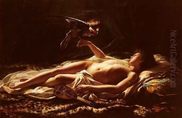 Nu Masculin Avec Faucon (Male Nude with Falcon) Oil Painting by Germain Detanger