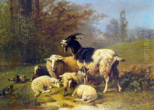 Sheep and Goats Resting on a Riverbank Oil Painting by Henri De Beul