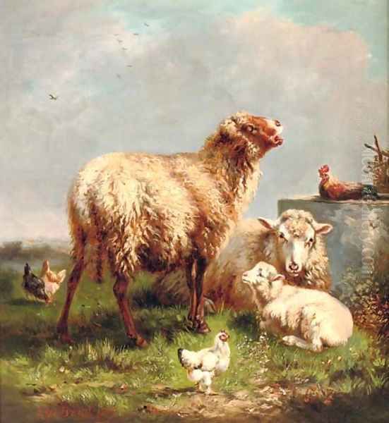 Sheep and chickens in a pasture Oil Painting by Henri De Beul