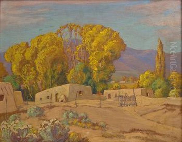 New Mexico Scene With Trees Behind Adobes Oil Painting by Sheldon Parsons