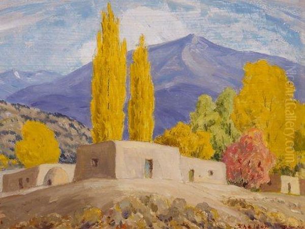 Adobes And Poplars In Fall, New Mexico Oil Painting by Sheldon Parsons