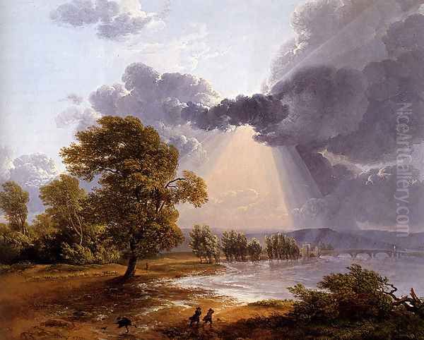 A River Landscape With An Approaching Storm, Figures Running In The Foreground Oil Painting by Simon-Joseph-Alexandre-Clement Denis