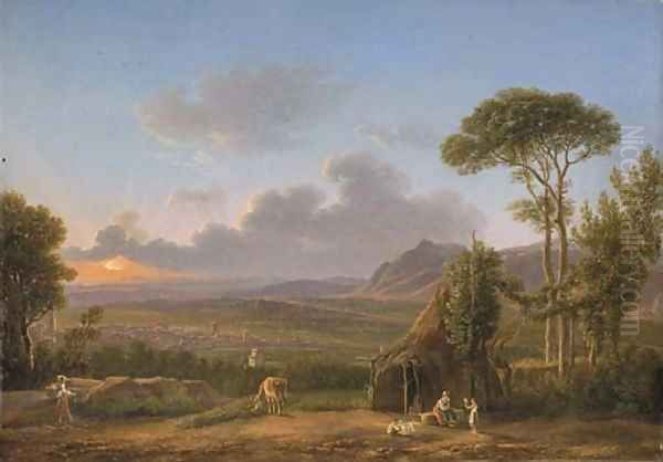 An extensive Italianate landscape at sunset, with a peasant family by a hut Oil Painting by Simon-Joseph-Alexandre-Clement Denis