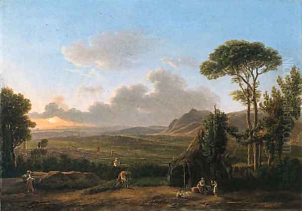 An Italianate Landscape with a family before a hut, a town beyond Oil Painting by Simon-Joseph-Alexandre-Clement Denis