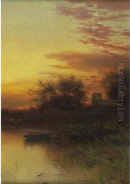 Sunset Over A Pond by Arthur Parton