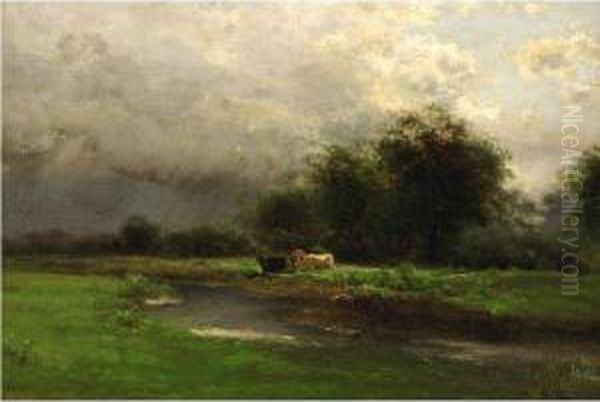 Cows Watering At A Stream Oil Painting by Arthur Parton