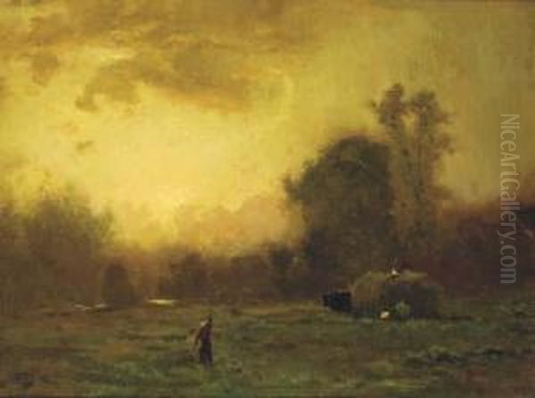 Figures Harvesting At Dusk Oil Painting by Arthur Parton