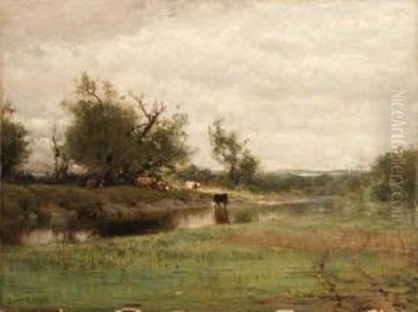 Cows Watering Along A Stream Oil Painting by Arthur Parton