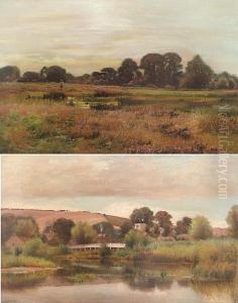 Farmhouses Near A River; A River Landscapewith A Bridge (a Pair) Oil Painting by Ernest Parton