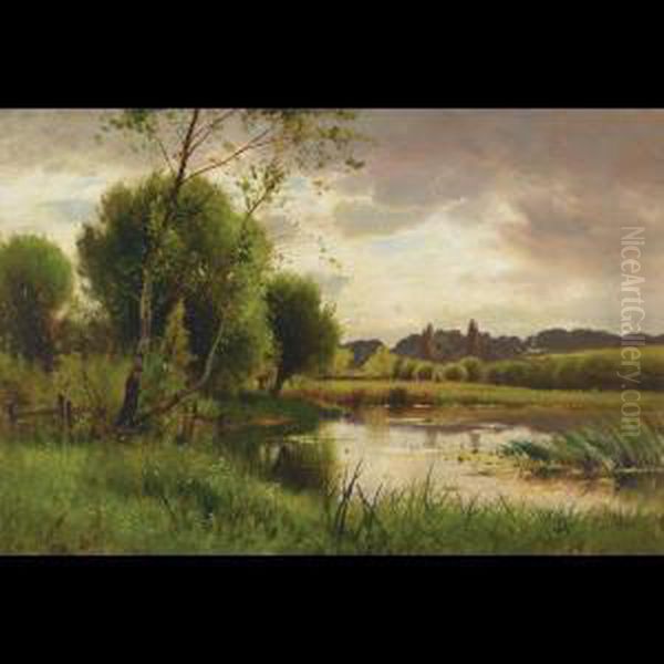 Scenery On A Sunlit River With Cows Grazing Oil Painting by Ernest Parton