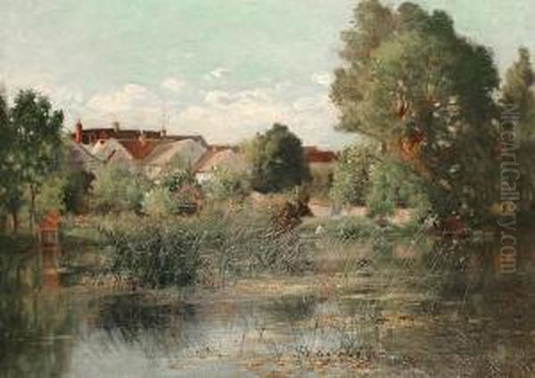 A Riverside Village Oil Painting by Ernest Parton